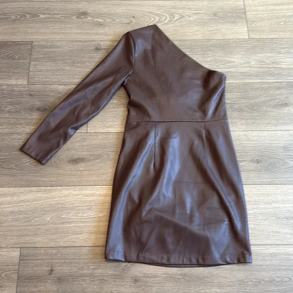 Express Faux Leather One Shoulder Mini Dress Mocha - Picture 12 of 13